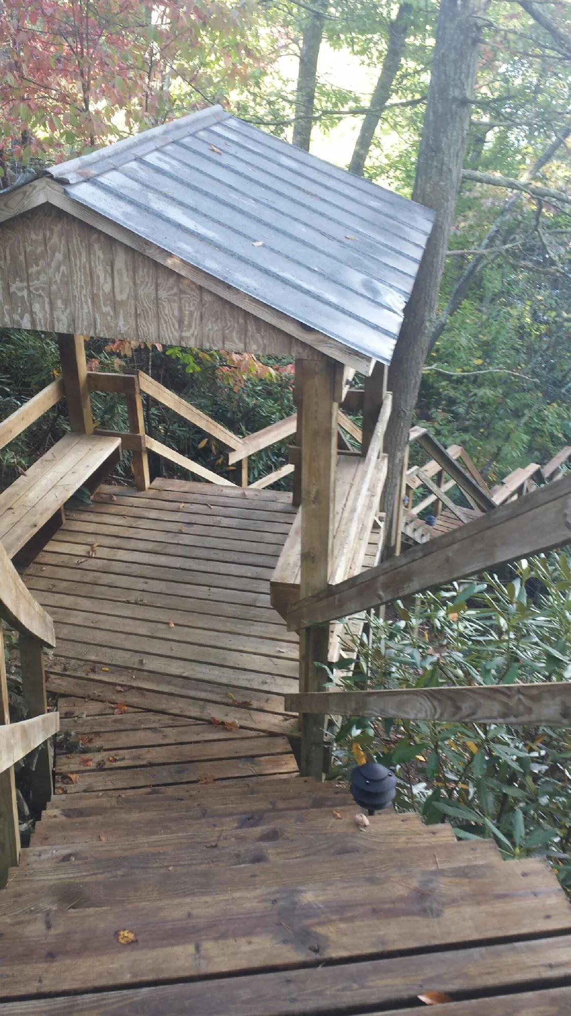 Metal roofed shelter over wooden steps on a wooded walkway — Skylight Repair & Installation work by our crew in Batesburg